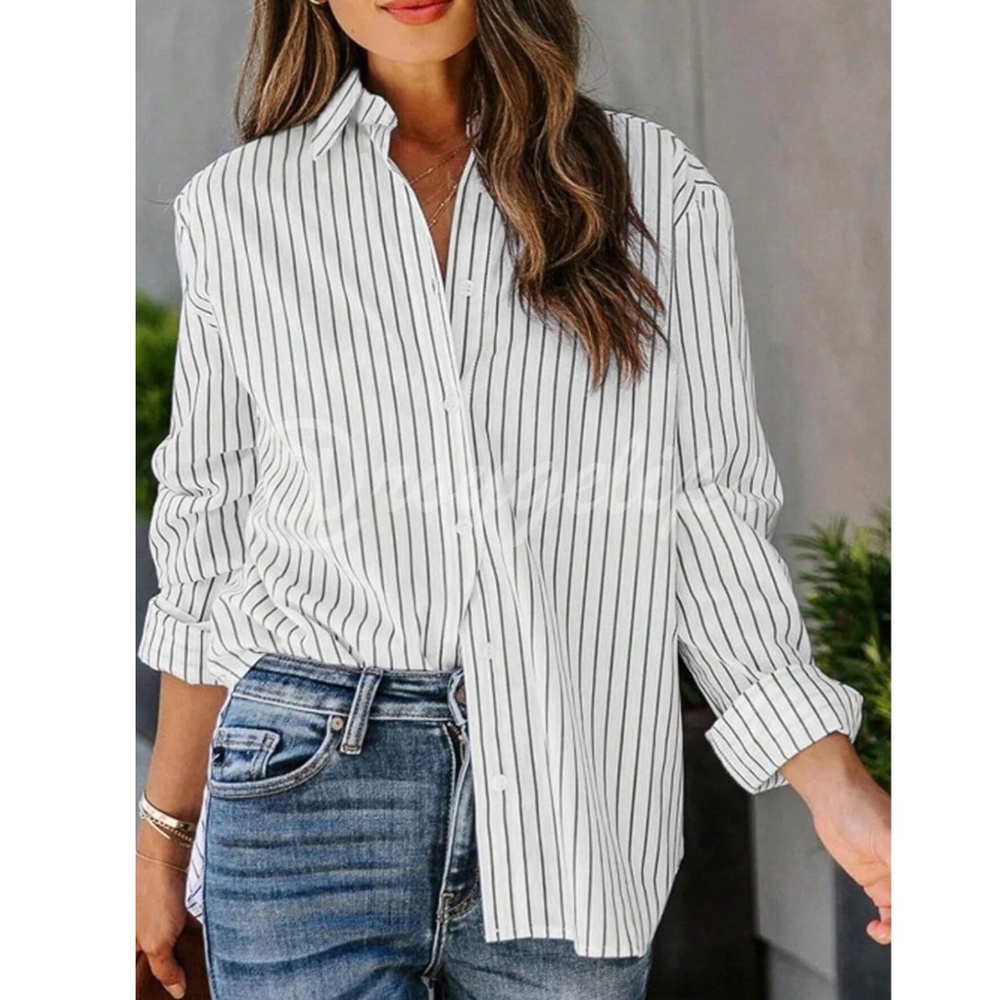 White Striped Shirt Button Up / Down Long Sleeve, Collar - Picture 1 of 4